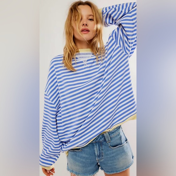 Free People Tops - HOST PICK 🎉 NWT💙FREE PEOPLE CLASSIC STRIPE OVERSIZED CREWNECK